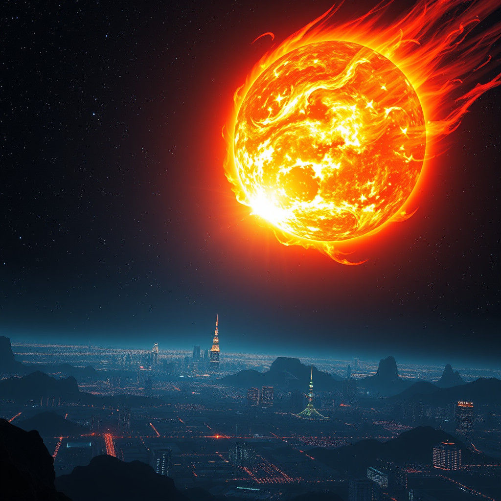 Spectacular Solar Flare Over Neon Cityscape