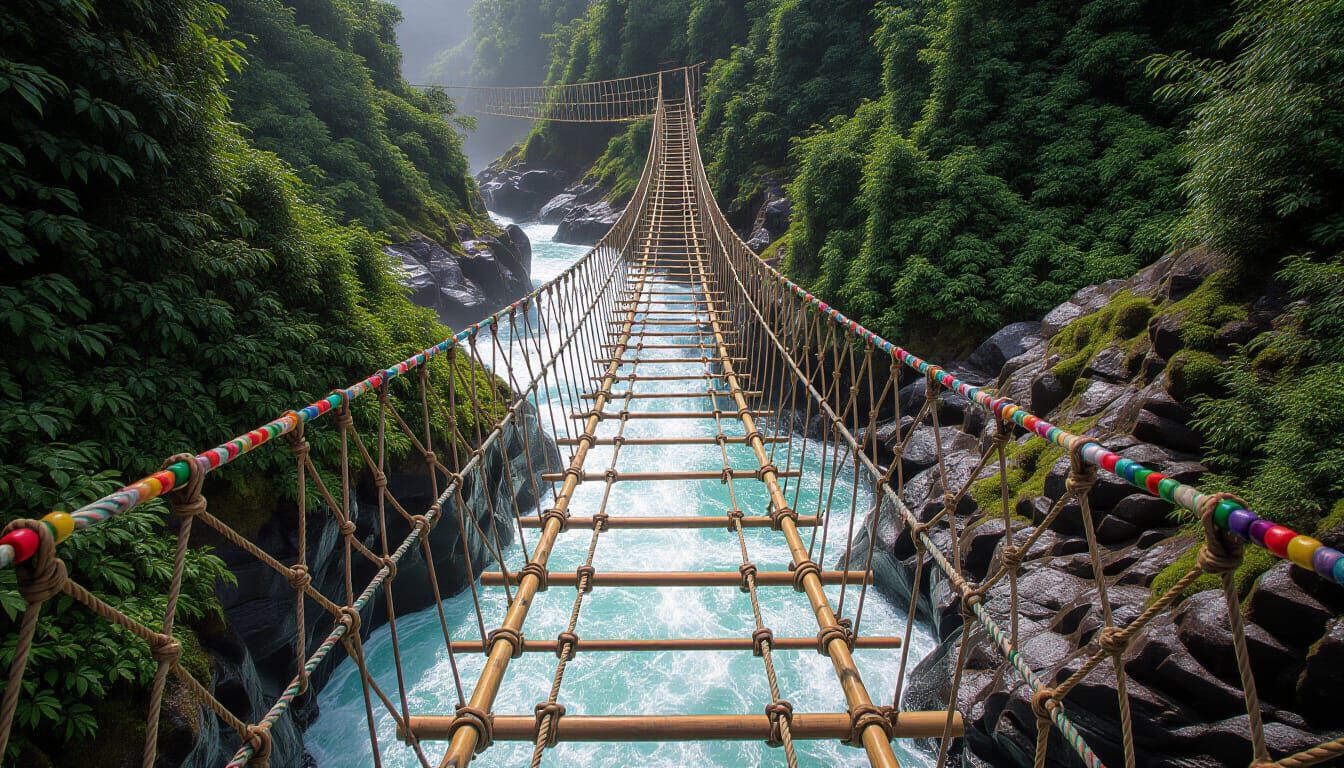 Beaded Rope Bridge Over Raging River Gorge