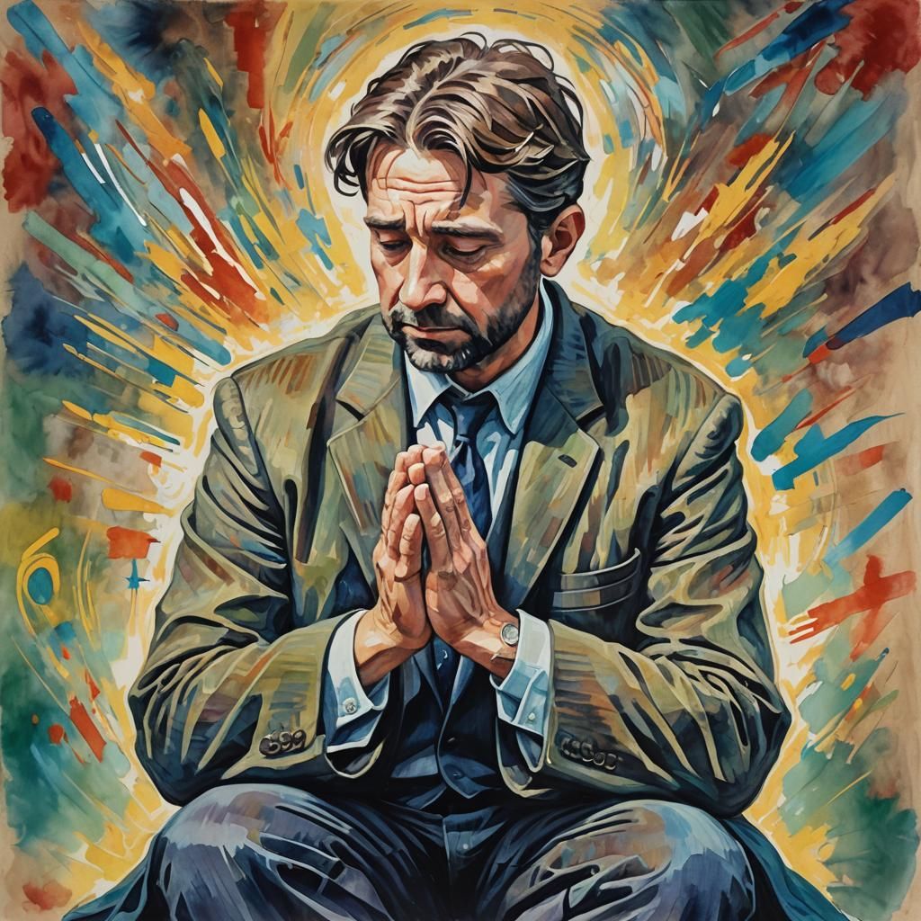 Man Praying in Gouache Impressionist Style