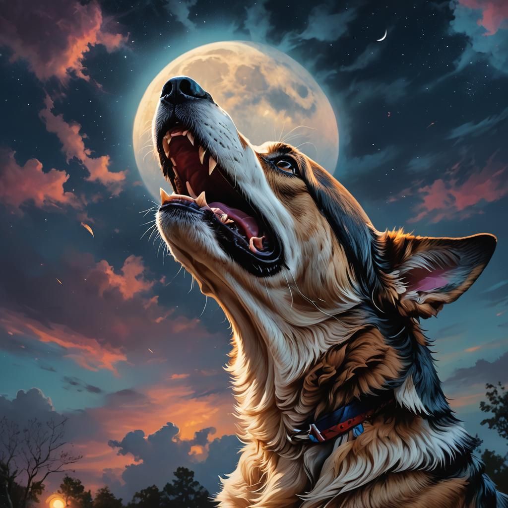 Hyperrealistic Dog Barking at Moon in Dramatic Lighting