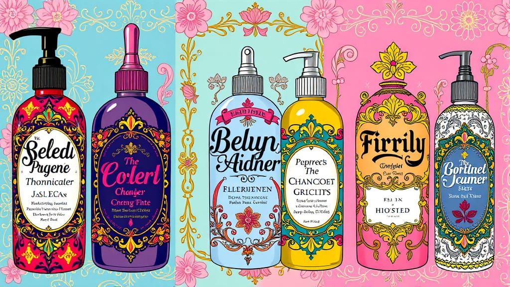 Vibrant Beauty Product Labels in Whimsical Digital Art Style
