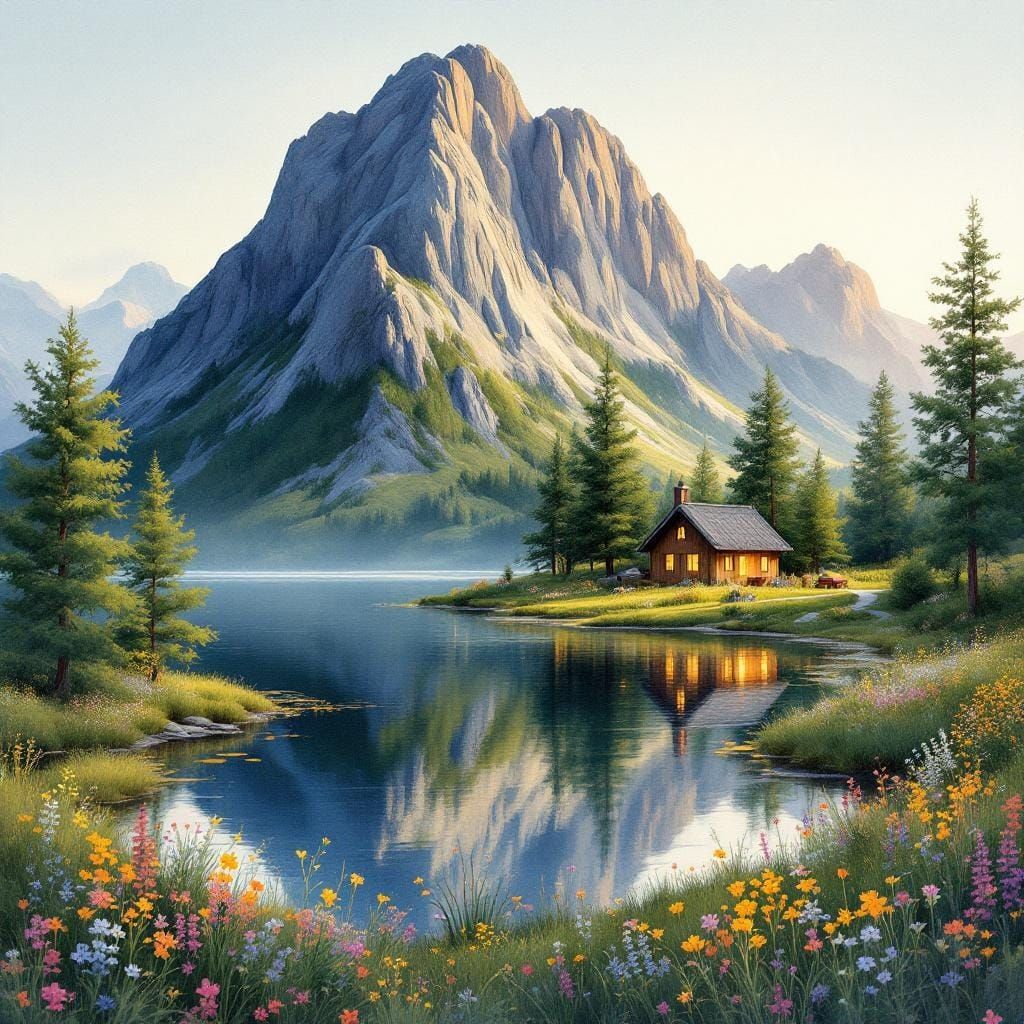 Norwegian Mountain Lake in Watercolor Style