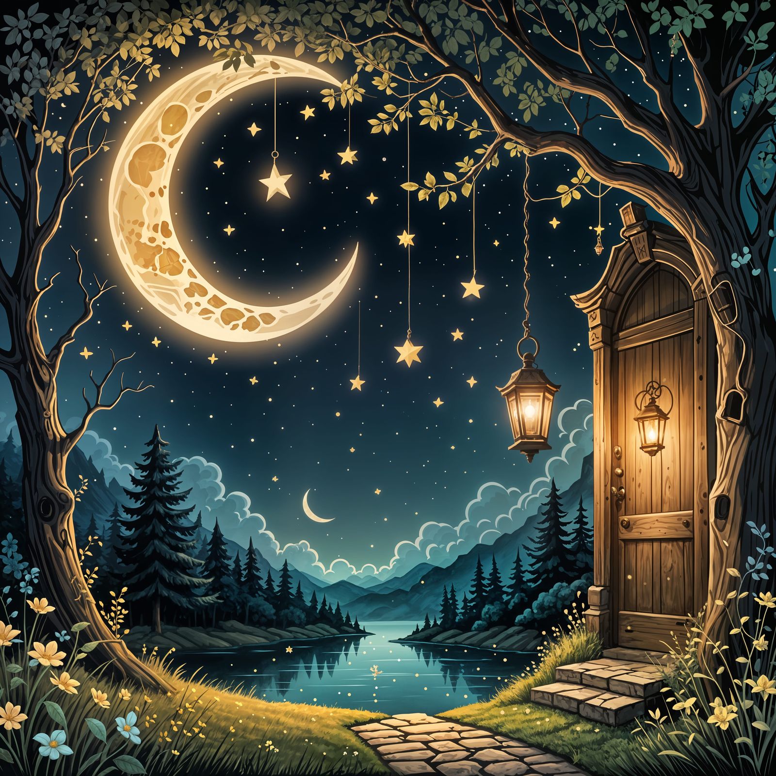 Fairies on Moon with Door, Storybook Illustration