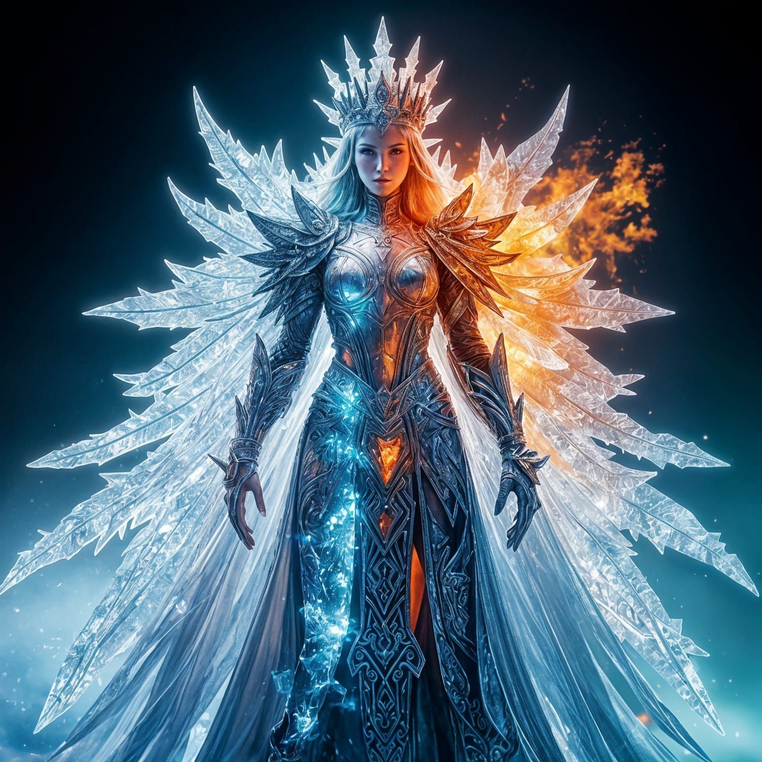 Beautiful Ice and Fire Queen in Realistic 3D Style