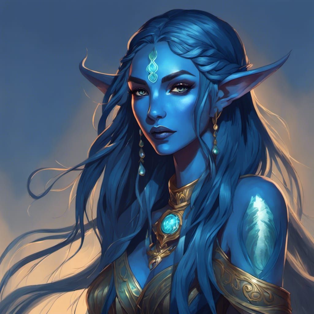 Blue-Skinned Water Elf Character Portrait in Fantasy Style