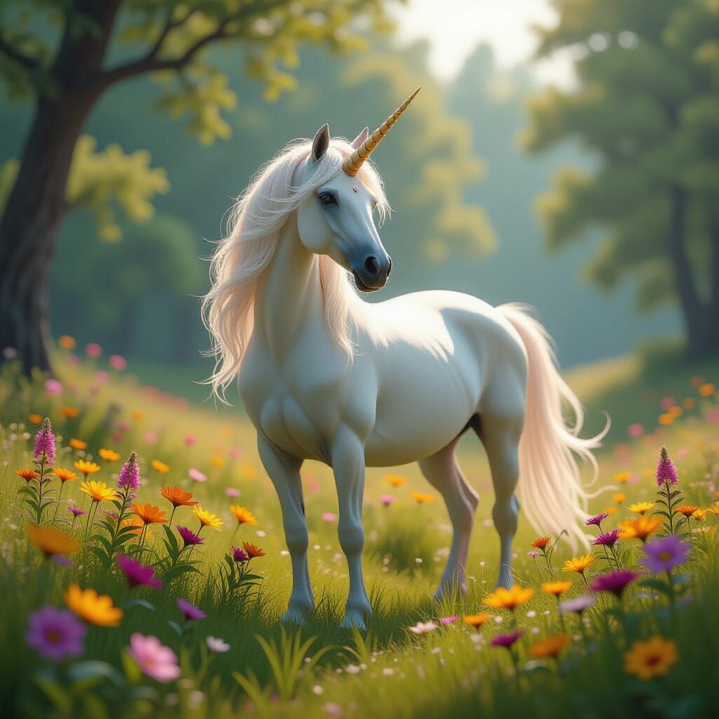 Majestic Unicorn in Meadow: Fantasy Concept Art