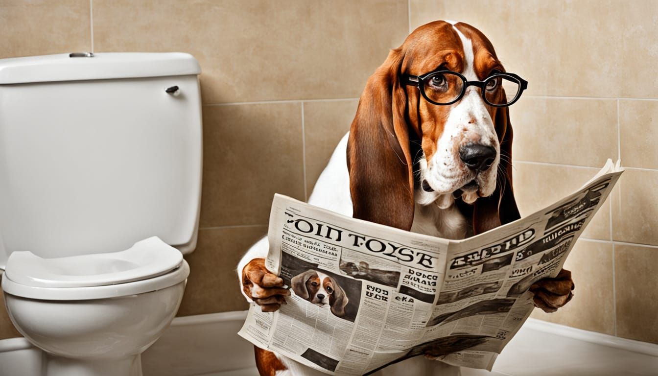 Basset Hound Reading Newspaper on Toilet as Oil Painting