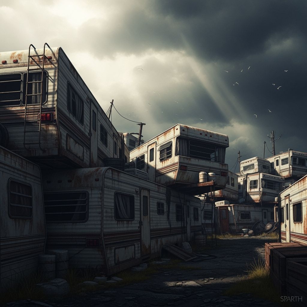 Stormy Mobile Home Junkyard Under Dark Clouds