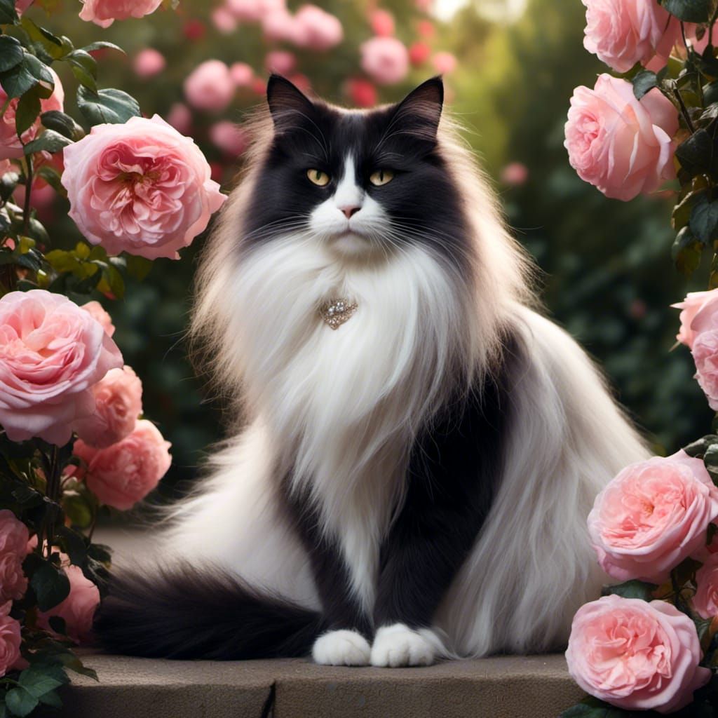 Elegant Long-Haired Cat Under Rose Bush