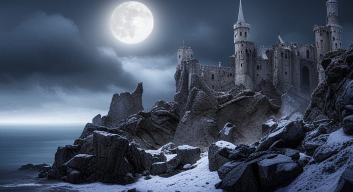 Spooky Winter Castle Overlooking the Sea
