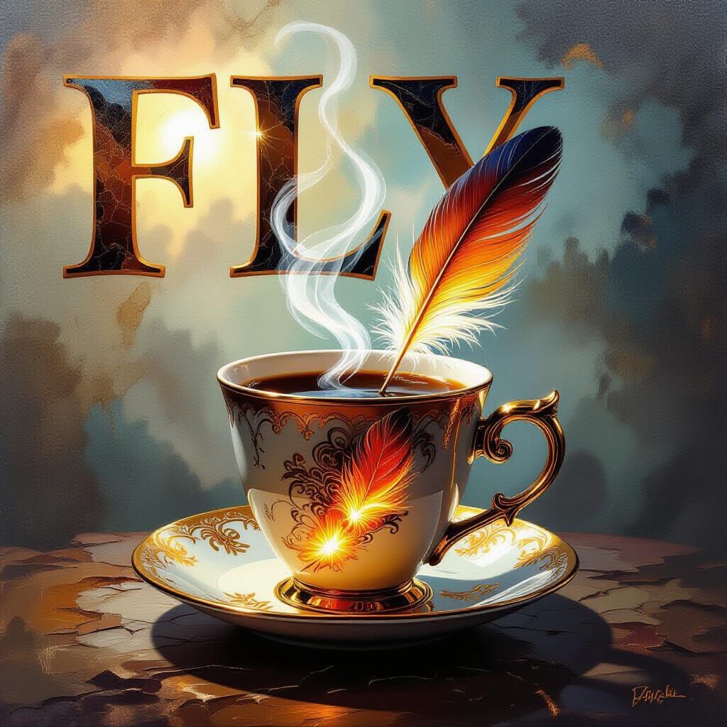 Steaming Coffee Cup with Fiery Feathers & 'Fly' Art