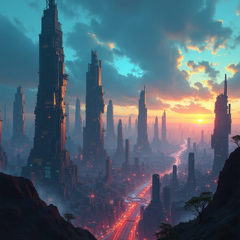 Neon Starcraft Cityscape at Dusk: Retro-Futuristic Matte Pai...