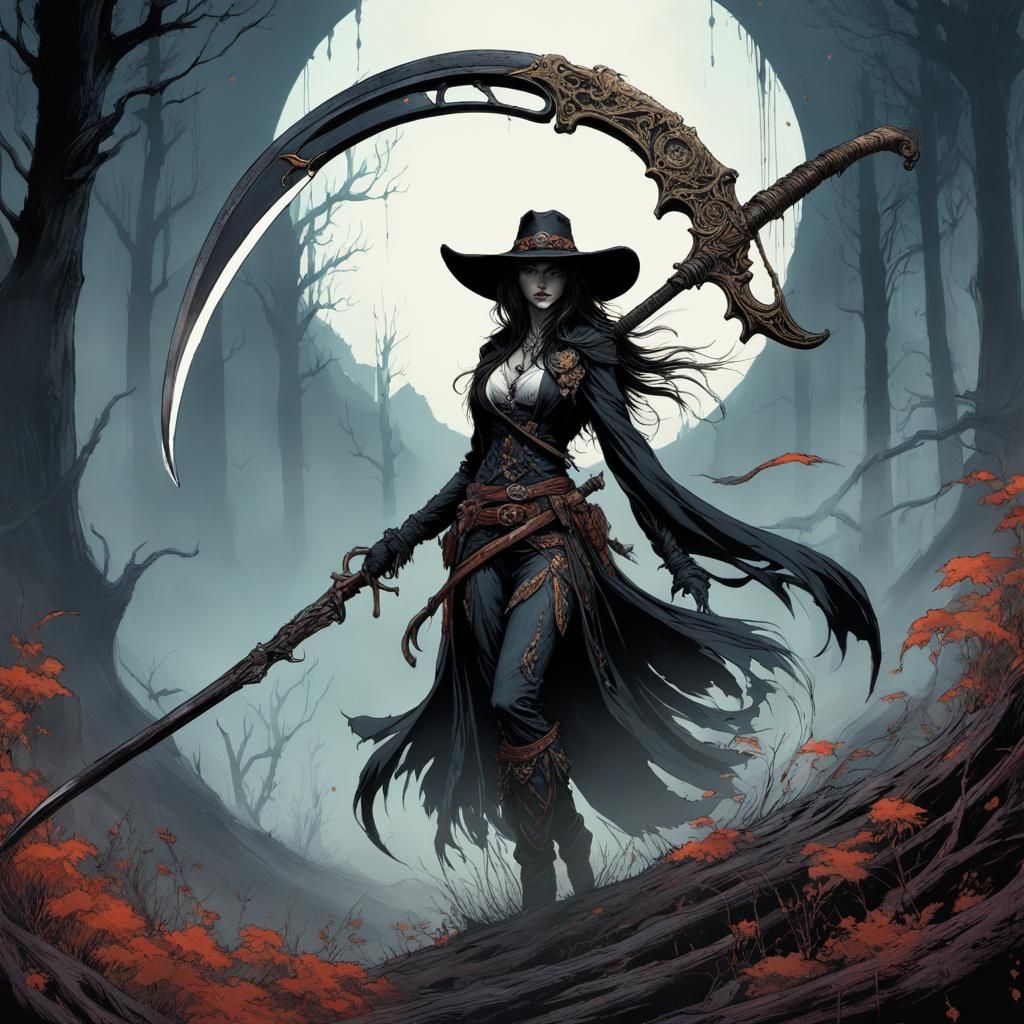Reaper Cowgirl with Scythe in Concept Art Style
