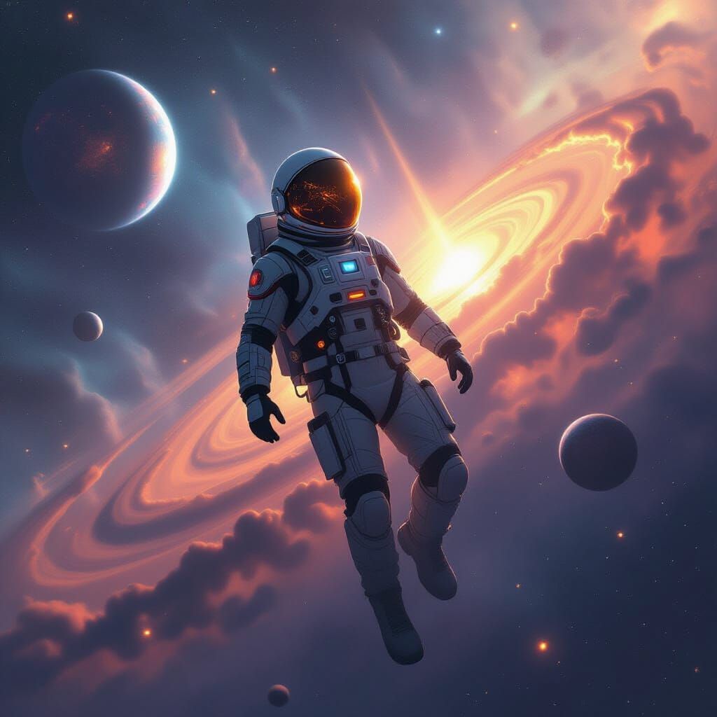 Astronaut in Nebula with Glowing Circuitry