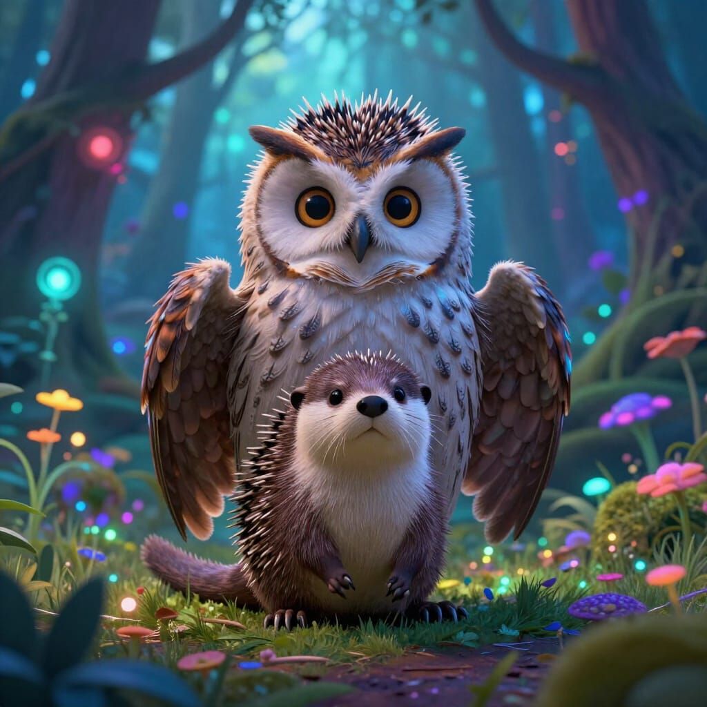 Fantastical Owl Otter Hedgehog Hybrid in Bioluminescent Fore...