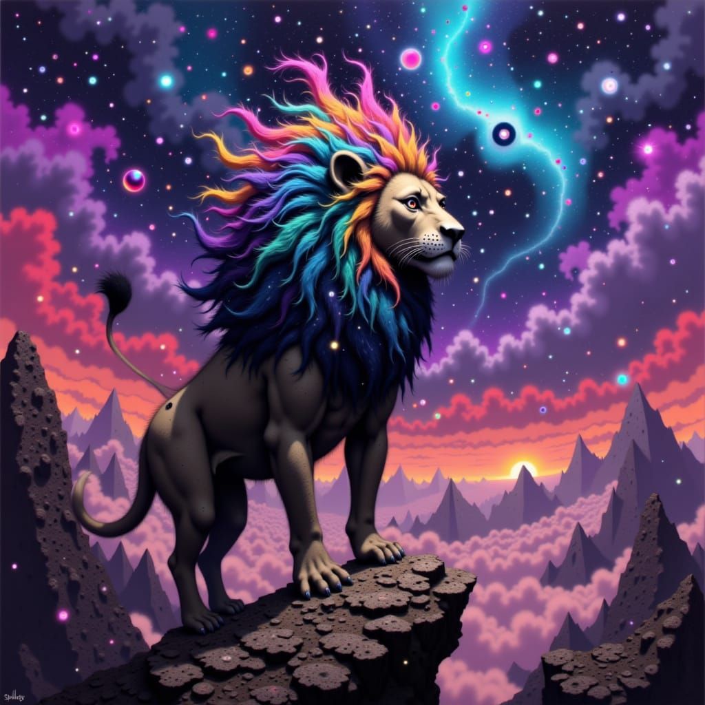 Lion with Starry Mane Overlooking Nebula
