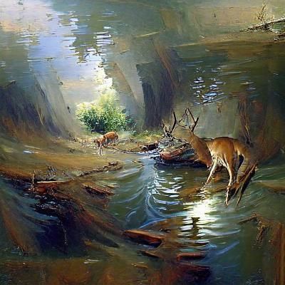 Deer in Creek: Oil Painting