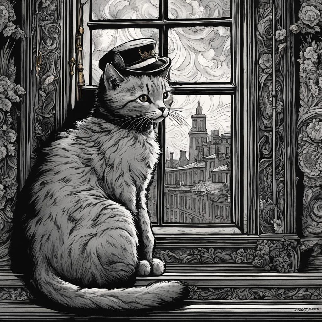 Whimsical Tabby Kitten Watches New Year Fireworks in Elegant...