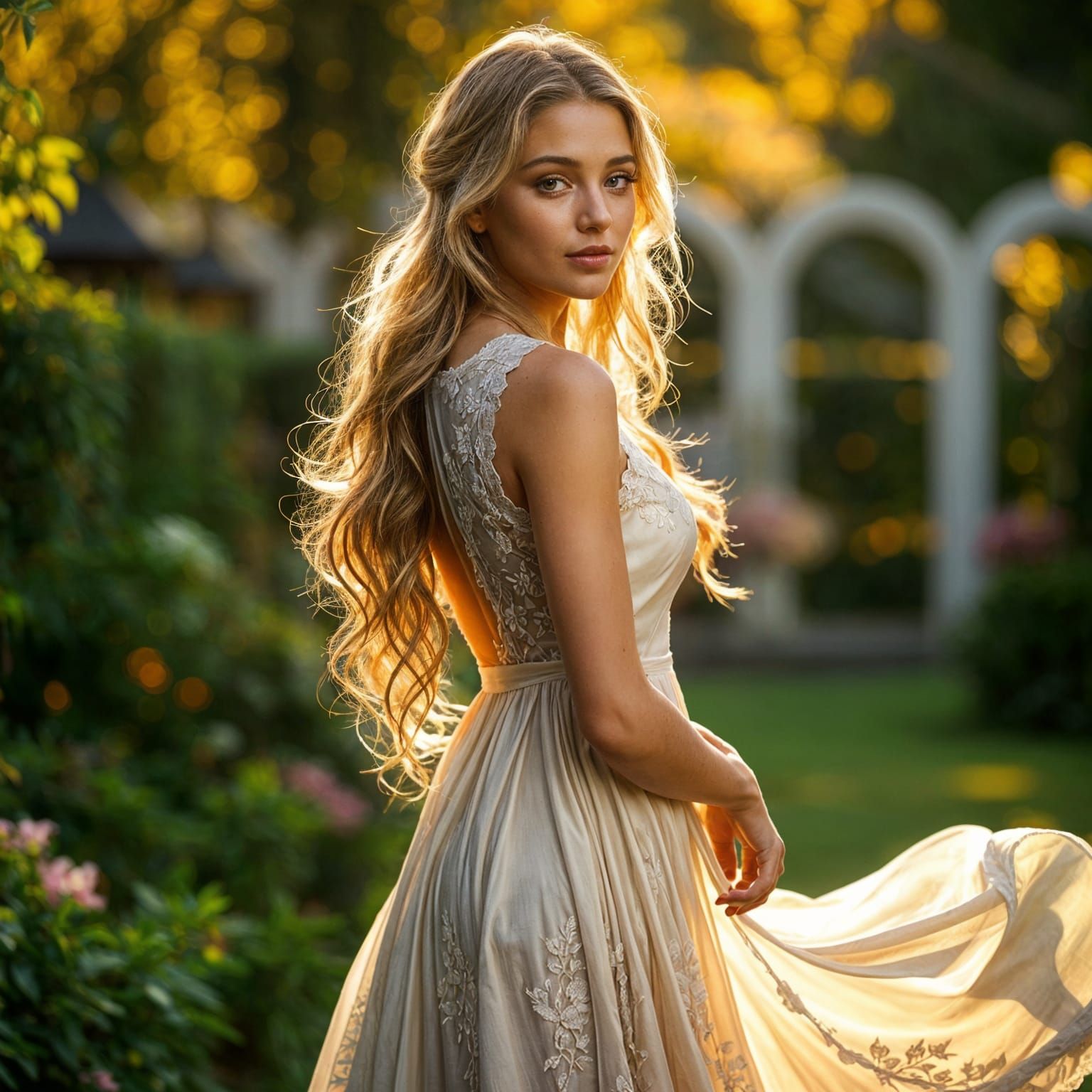 Elegant Woman in Flowing Dress: Photorealistic Portrait