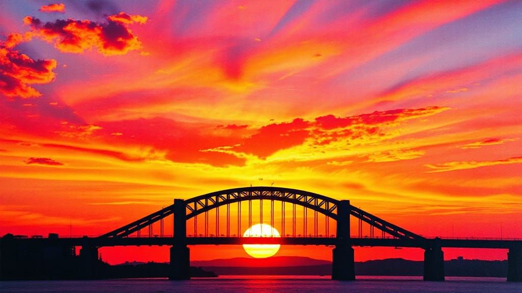 Sunset Bridge in Vibrant Colors, Silhouetted Against a Detai...