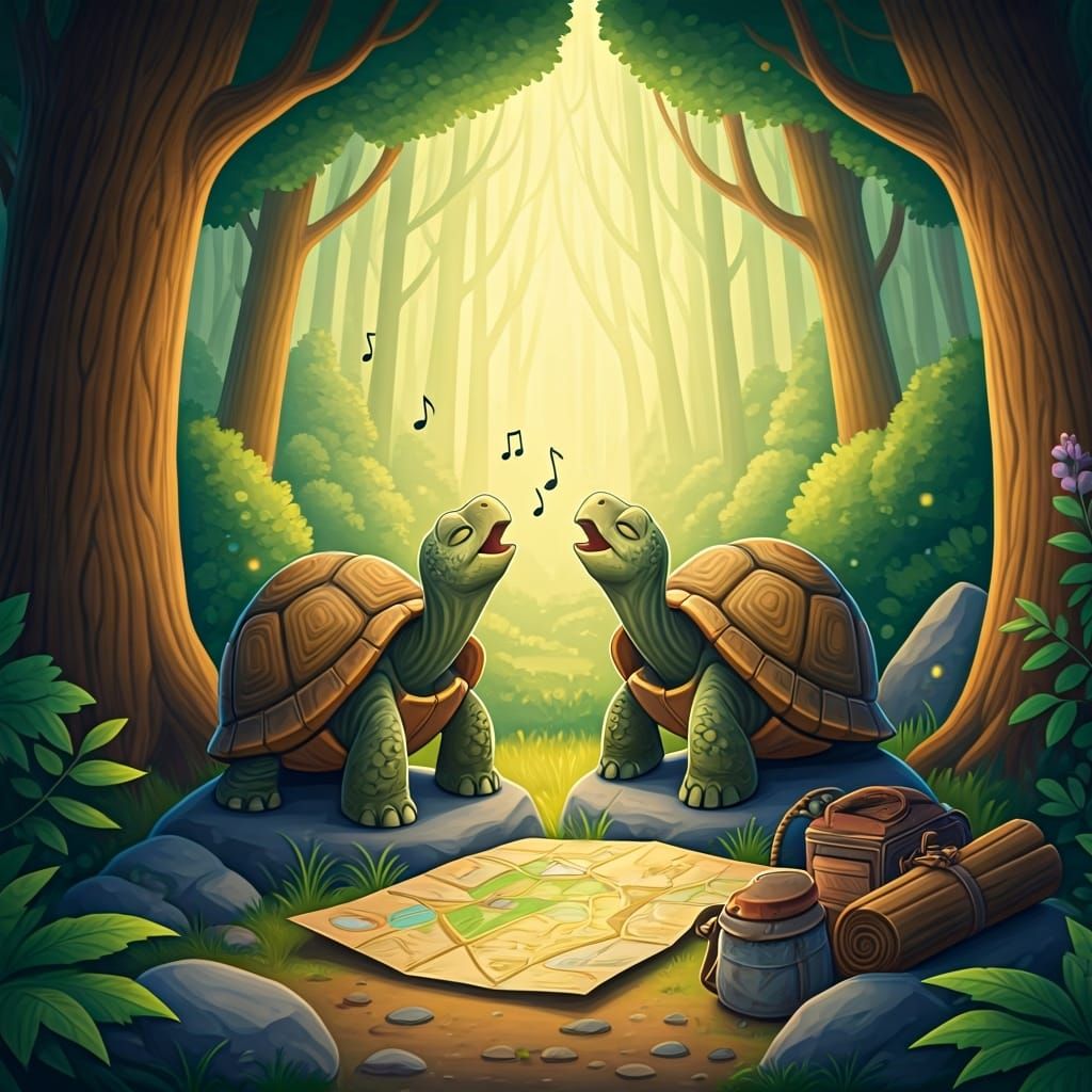 Singing Turtles Enjoying a Forest Picnic