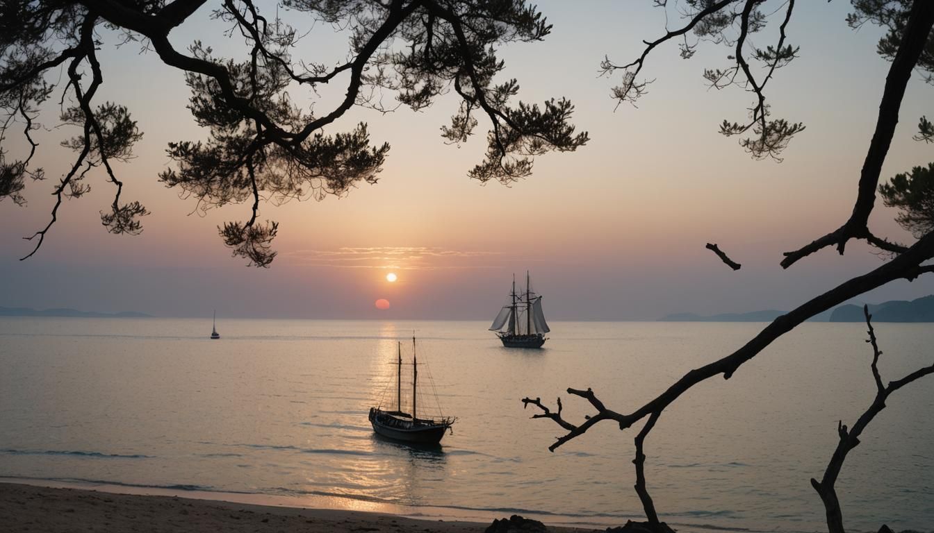 Mediterranean Sunset Beach with Distant Islands