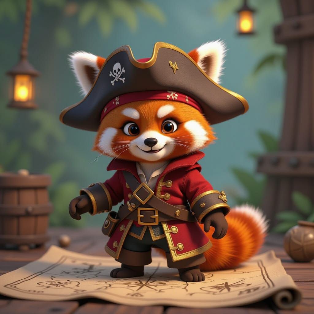 Red Panda Pirate on Treasure Map in Pixar Style