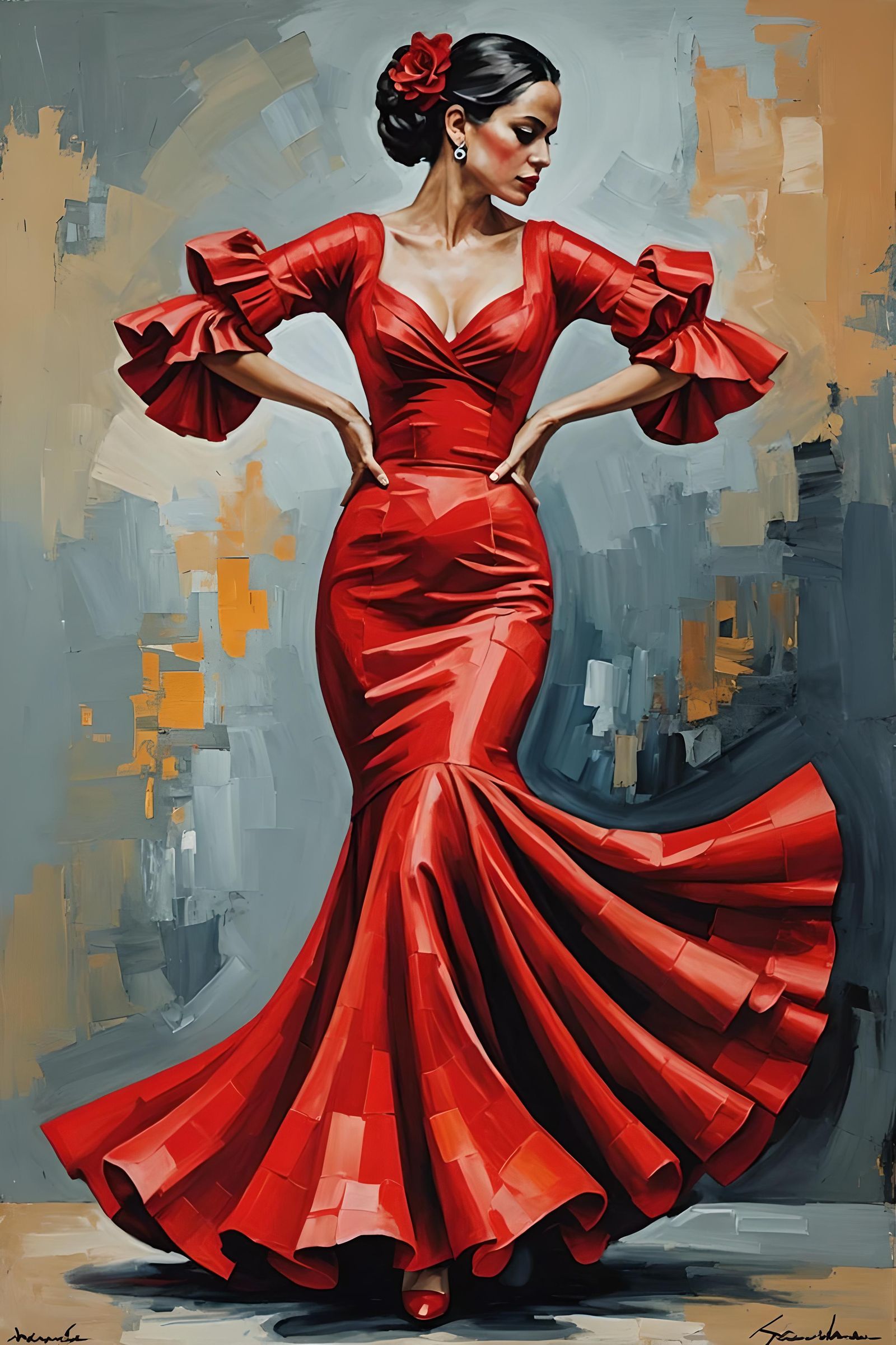 Flamenco Dancer in Red Gown: Abstract Oil Painting