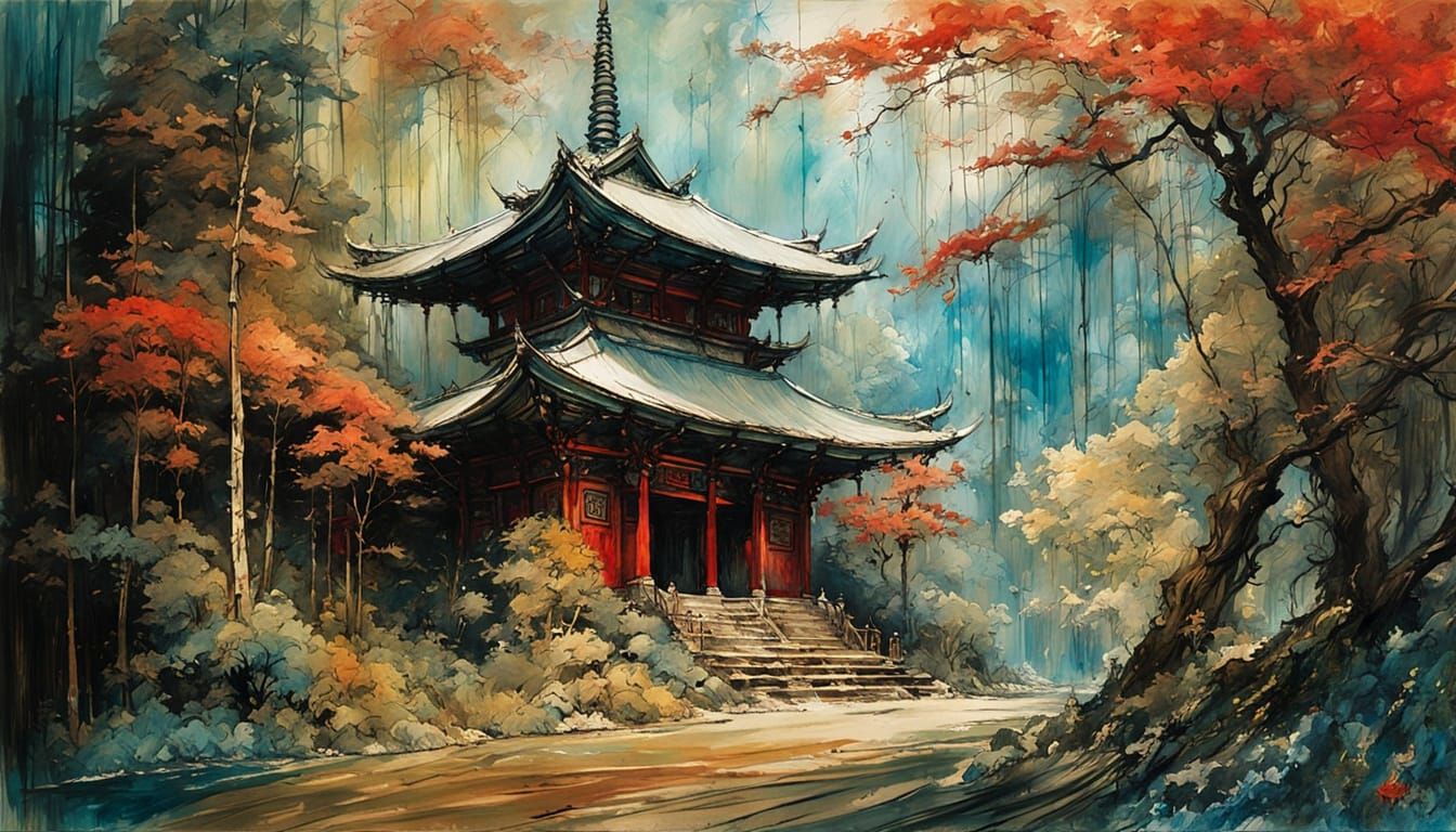 Mysterious Japanese Temple Impasto Painting