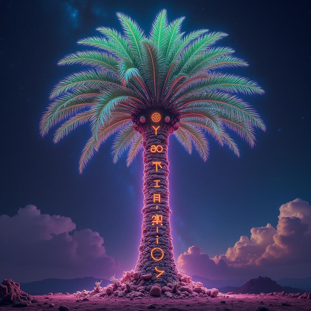 Cosmic Palm Tree with Astral Backdrop in Visionary Style