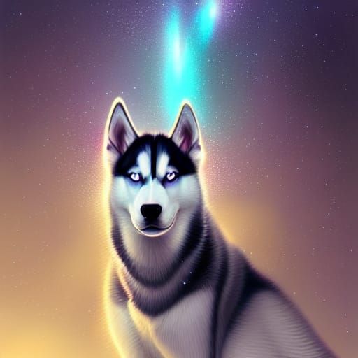 Husky Surrounded by Luminous Crystals and Stars