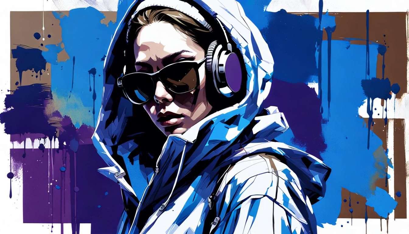 Woman in Hoodie with Headphones: Digital Art