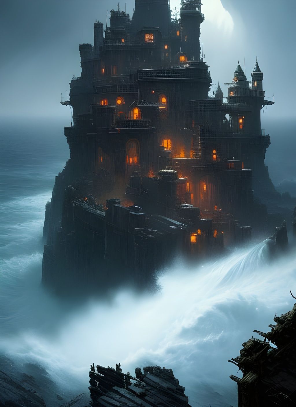 Stormy Ocean Fortress: Gritty Watercolor Art