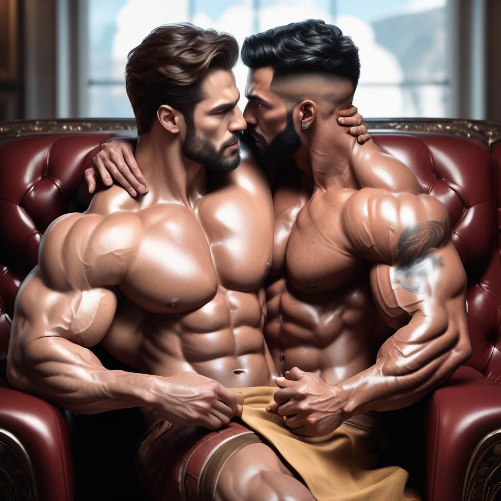 Passionate Muscle Hunks on Sofa: Detailed Matte Painting