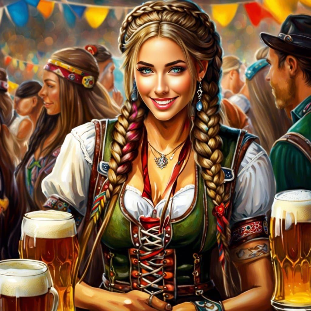 Girl in Lederhosen Serving Beer at Oktoberfest