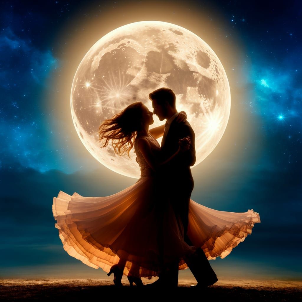 Lovers Dancing Silhouettes Under a Glowing Moon