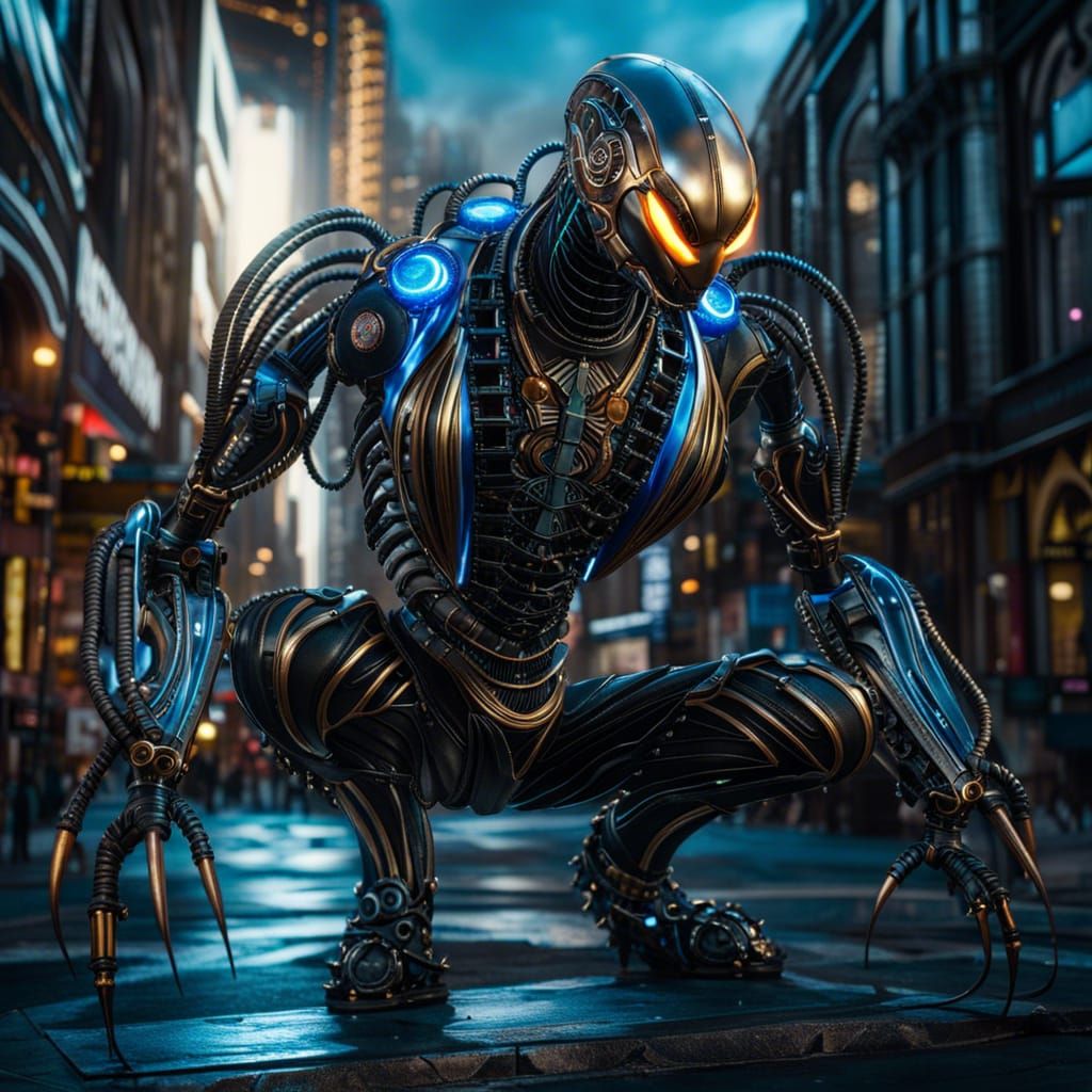 Robotic biomechanical wired steampunk Venom with bioluminescencent wires