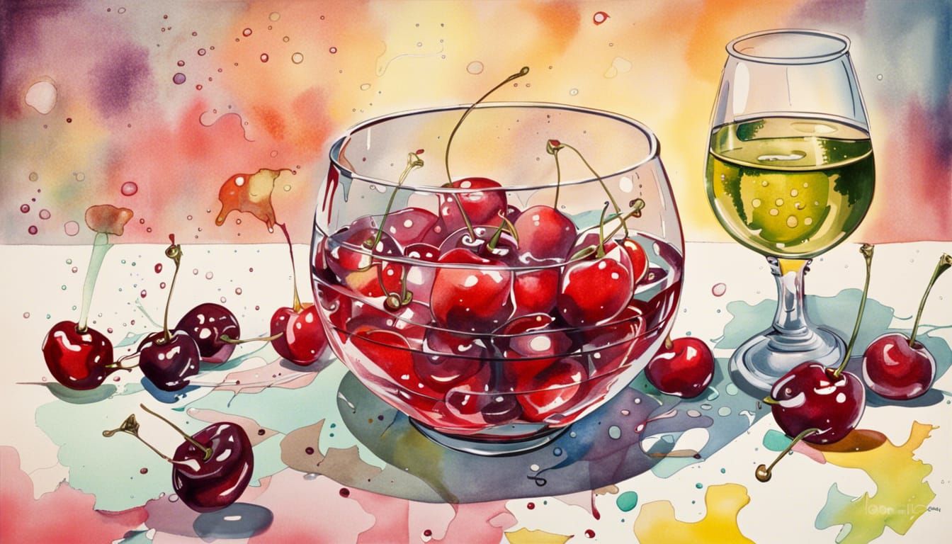 Cherries and Wine with Colorful Background