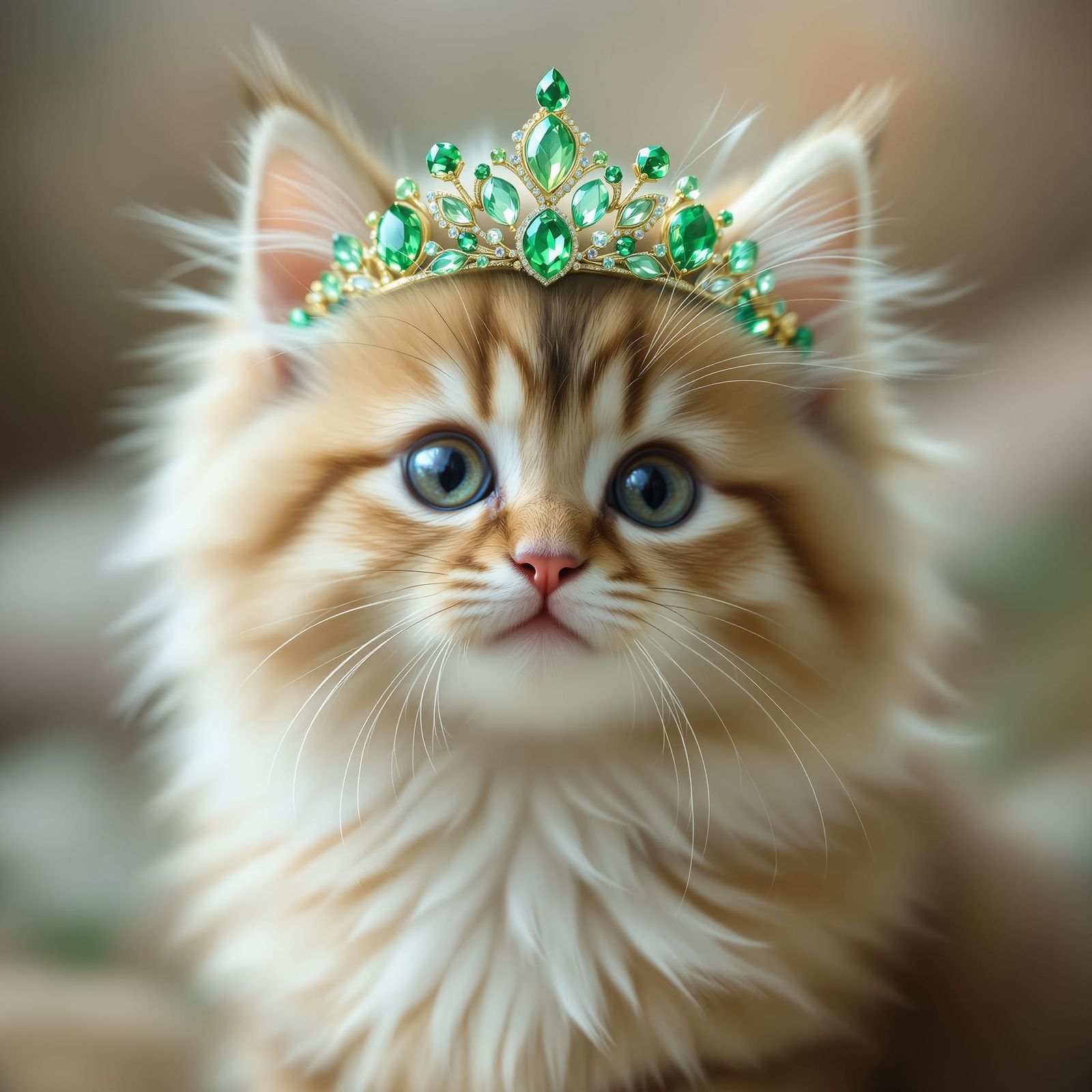 Fluffy Kitten Wearing Emerald and Peridot Tiara