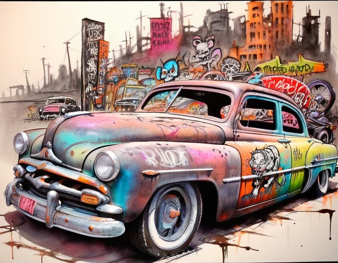 Post-Apocalyptic 1950s Rat Rod in Watercolor Style