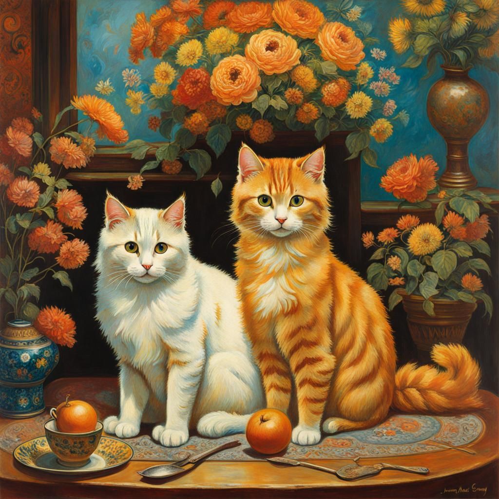Cats Family Affection in Oil Painting Style