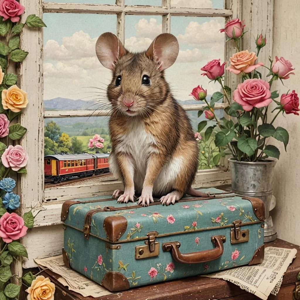 Mouse in Vintage Train Car: Paper Collage Chalk Art