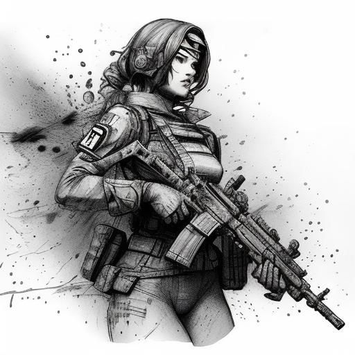 Detailed Female Soldier Sketch with Graffiti Elements