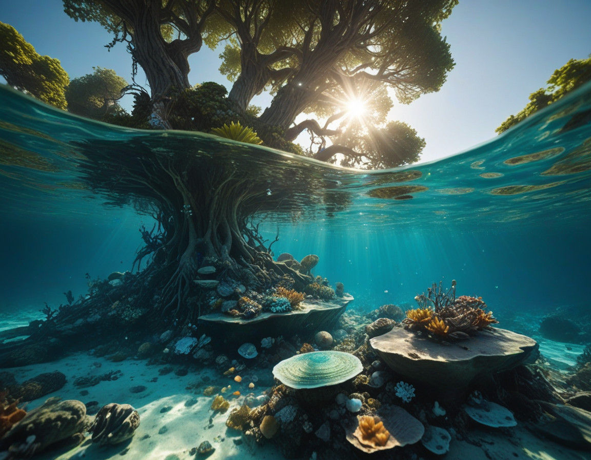 Ethereal Aquatic Landscape with Glowing Gemstones and Ancien...