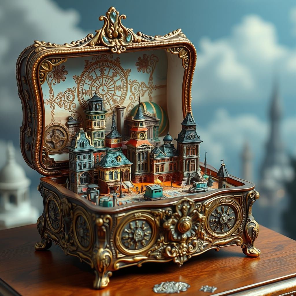 An open tiny music box with a miniature city inside it, hyper detailed, mixed media.