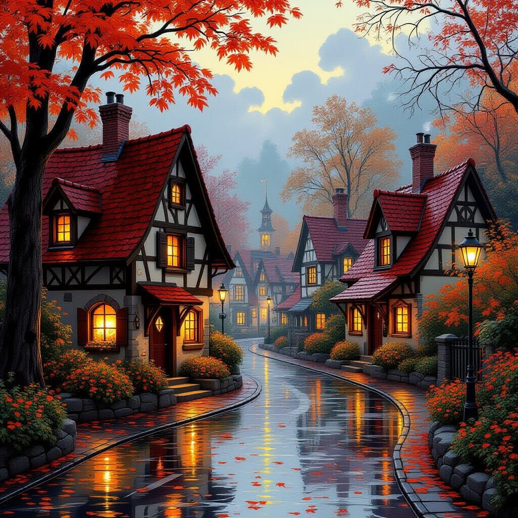 Cozy Storybook Village in Autumnal Light