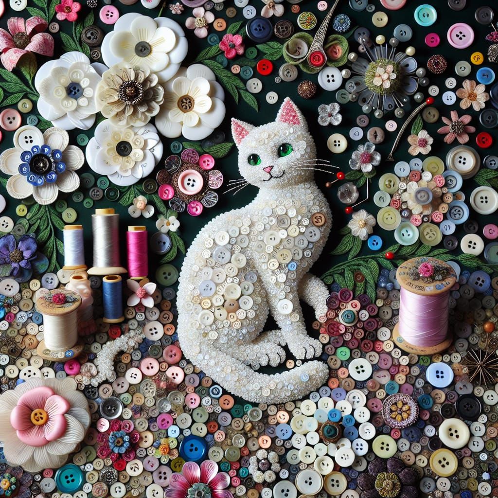 Button Cat in a Floral Sewing Scene