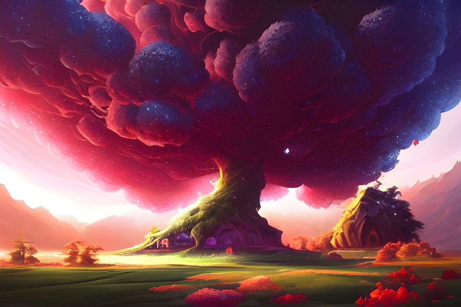 Cosmic Landscape with Fortress Mansion in Cyberpunk Style