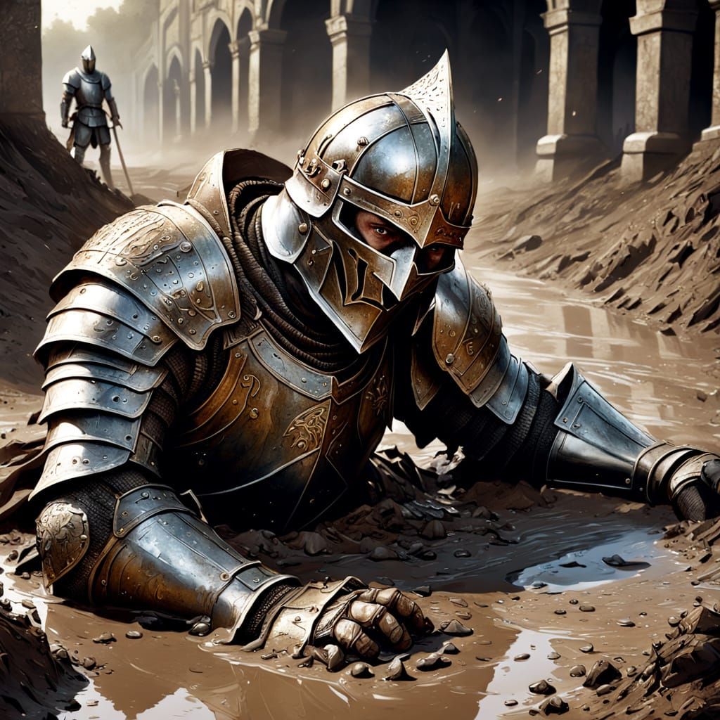 Knight Falls Face First into Mud in Realistic Fantasy Painti...