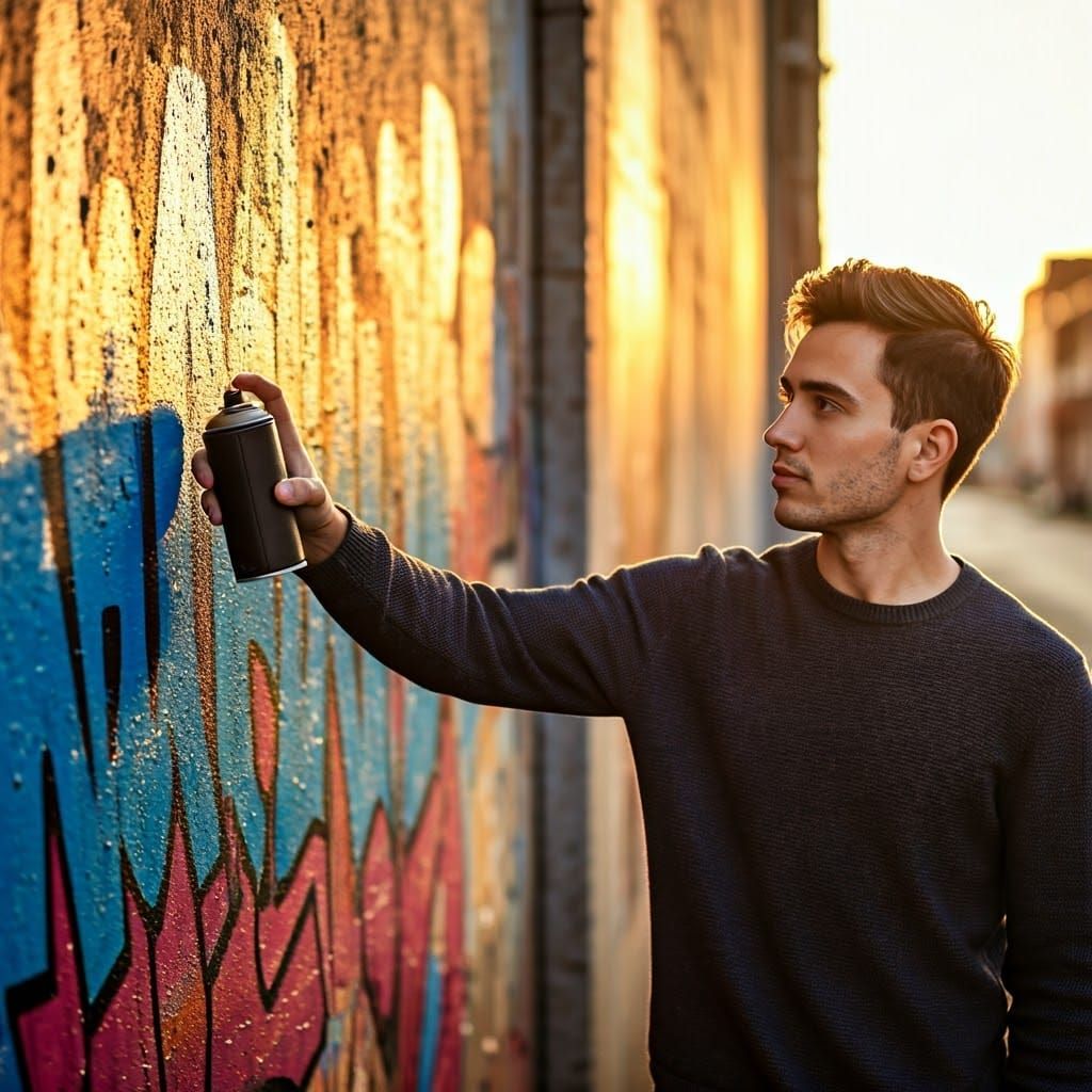Handsome Man with Spray Can Amidst Vibrant Graffiti